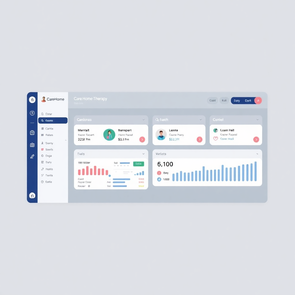 modern dashboard interface showing care home therapy management system, professional and clean design