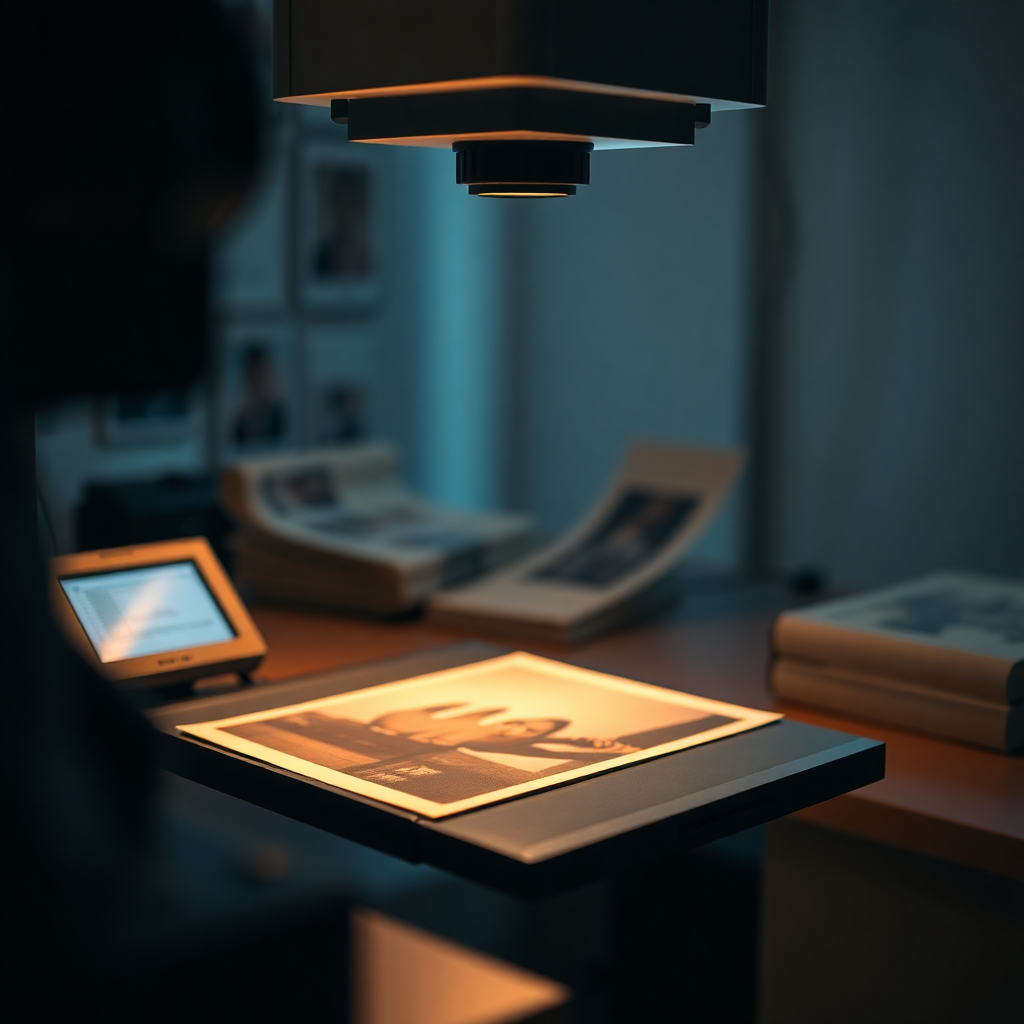 professional photo scanning equipment and old photographs being digitized, warm nostalgic lighting, high-end technology