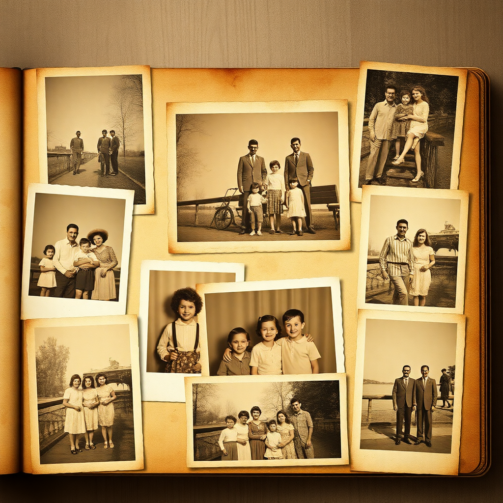 vintage family photos arranged in a digital album layout, warm nostalgic feel