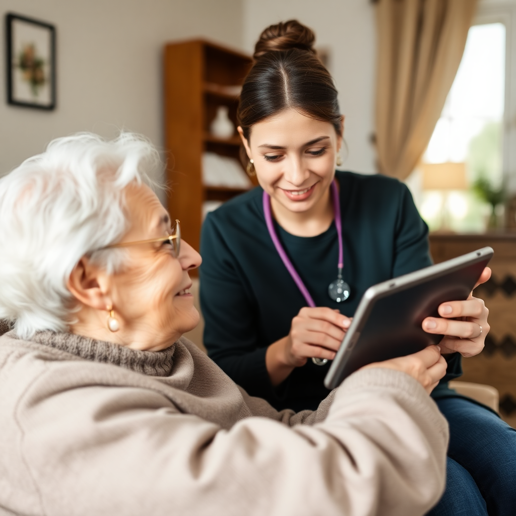 caregiver using a tablet with an elderly resident, showing digital memories, warm and professional care home setting, high quality