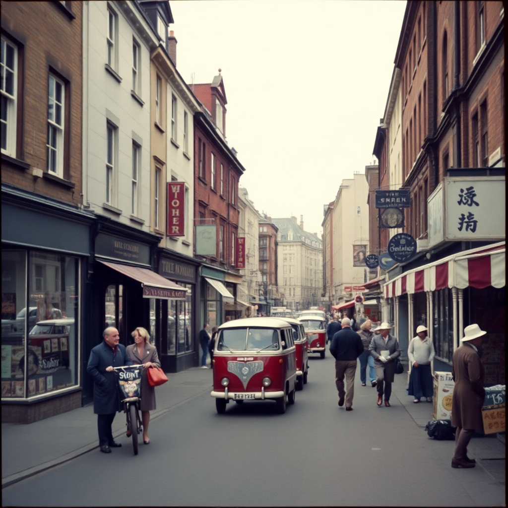 vintage 1950s high street scene, nostalgic, historical photograph style