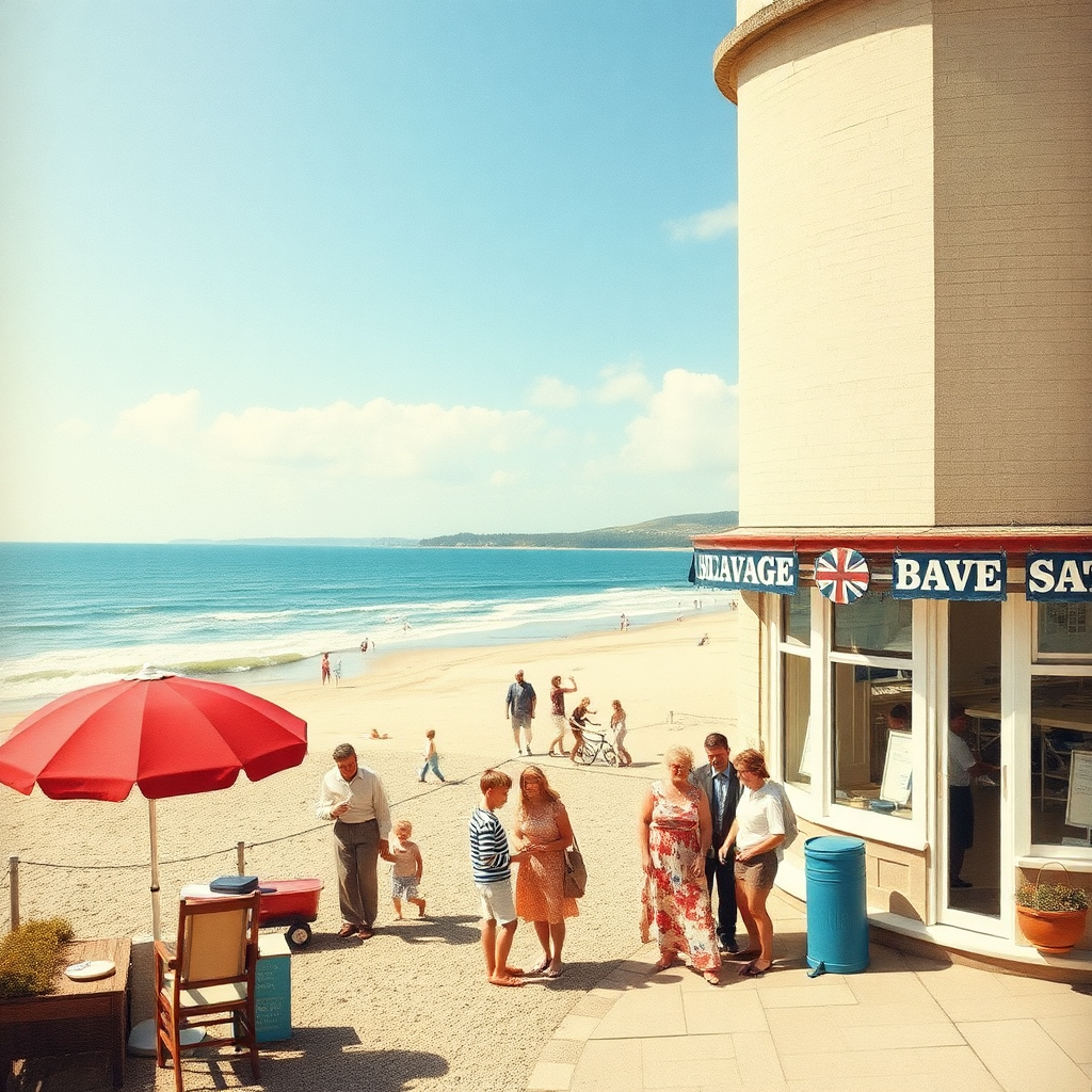 traditional British seaside holiday scene, vintage postcard style