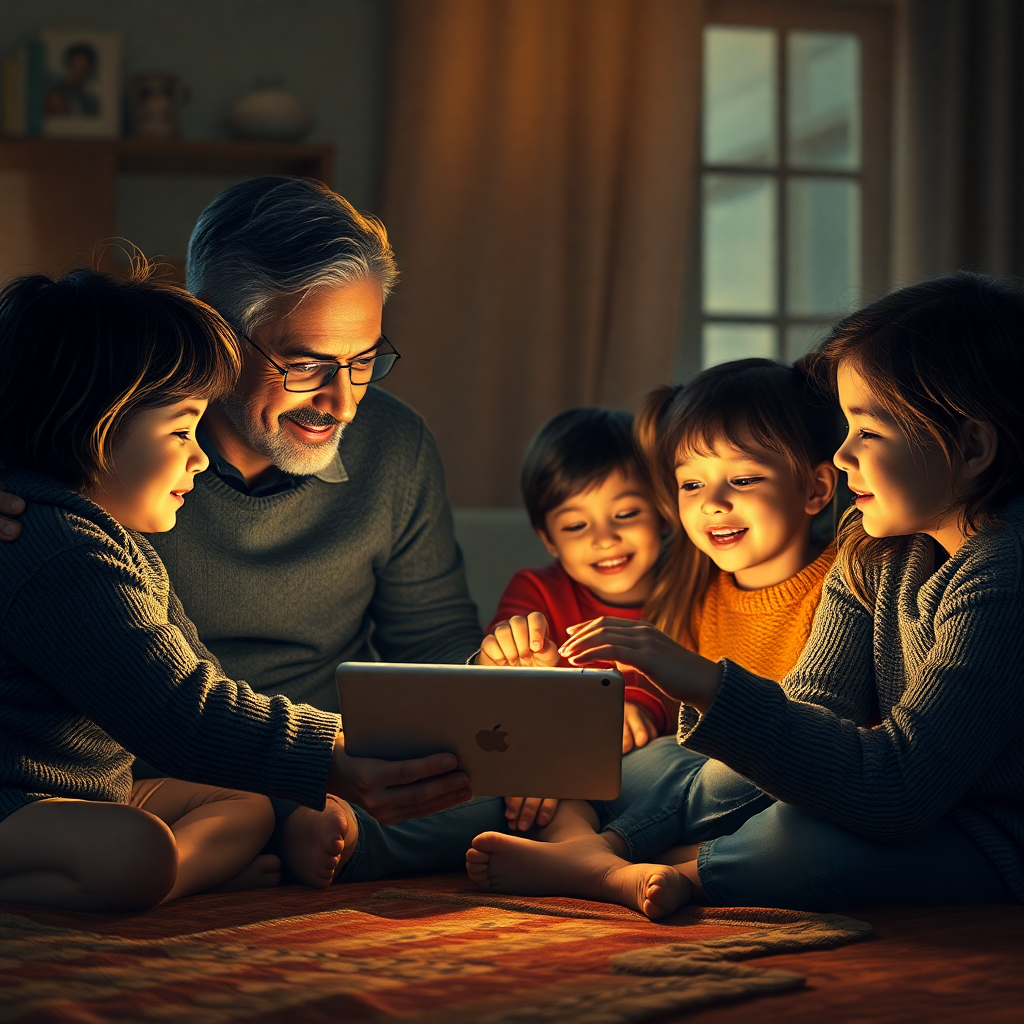 family gathered around a digital tablet, sharing memories and stories, warm lighting, emotional connection, high quality digital art