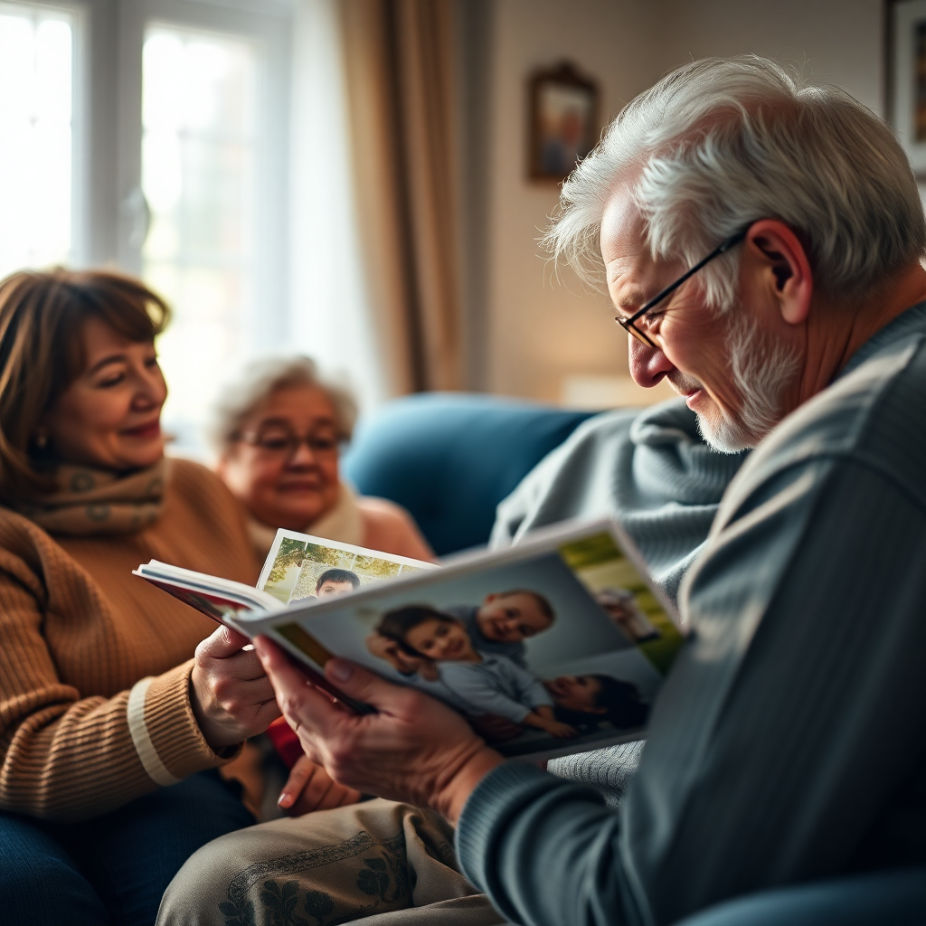 elderly person with family looking at photo album, warm lighting, emotional moment, high quality photography