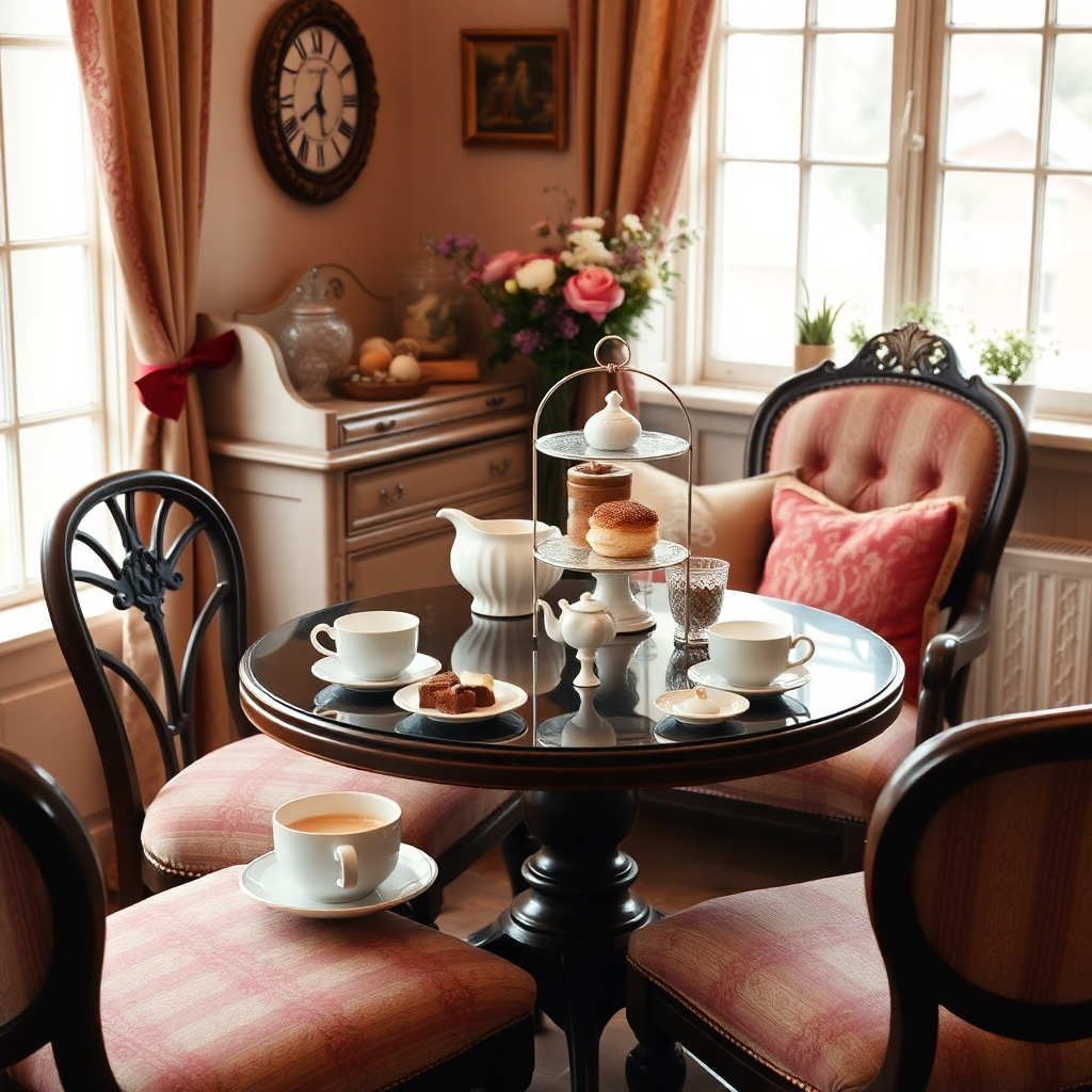 traditional British afternoon tea setting, vintage style, warm and inviting