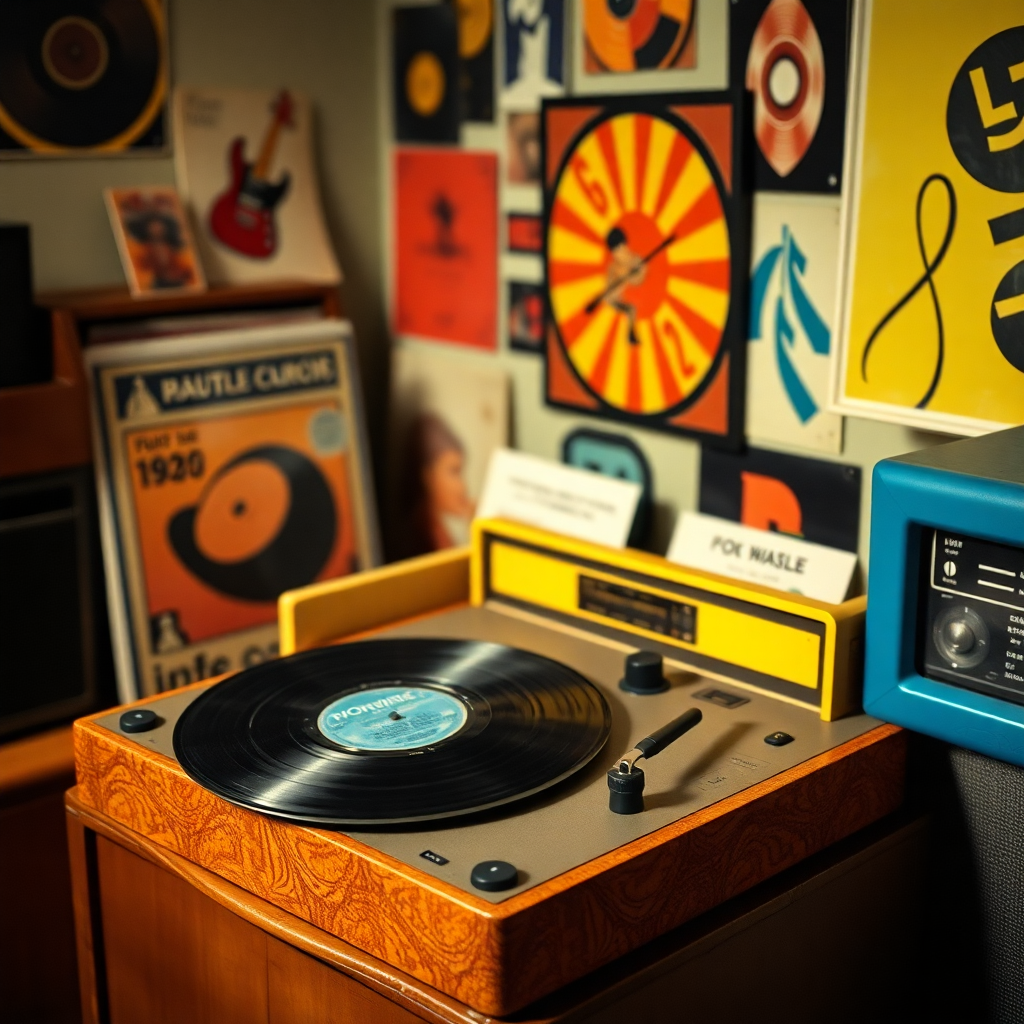 1960s music scene, vintage record player, vinyl records